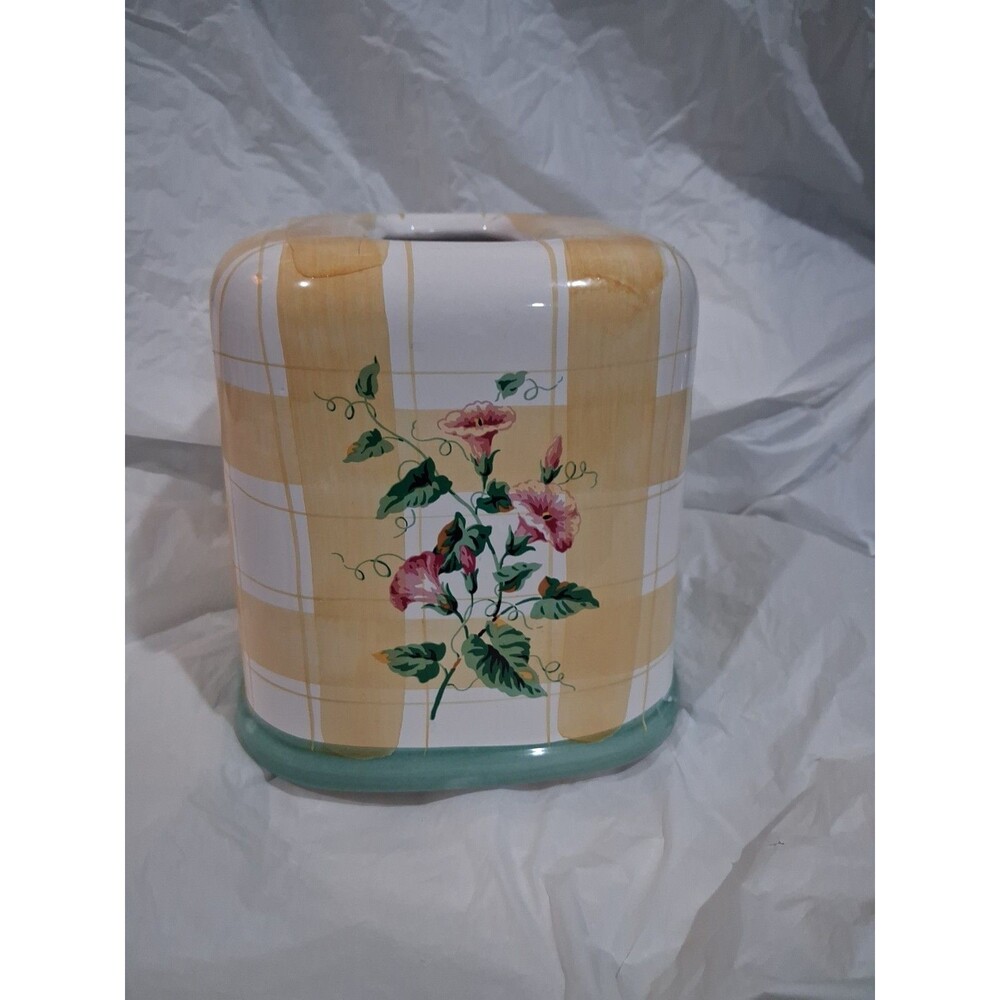 Liz Claiborne Tissue Box cover Ceramic Square Yellow Floral Hand Painted